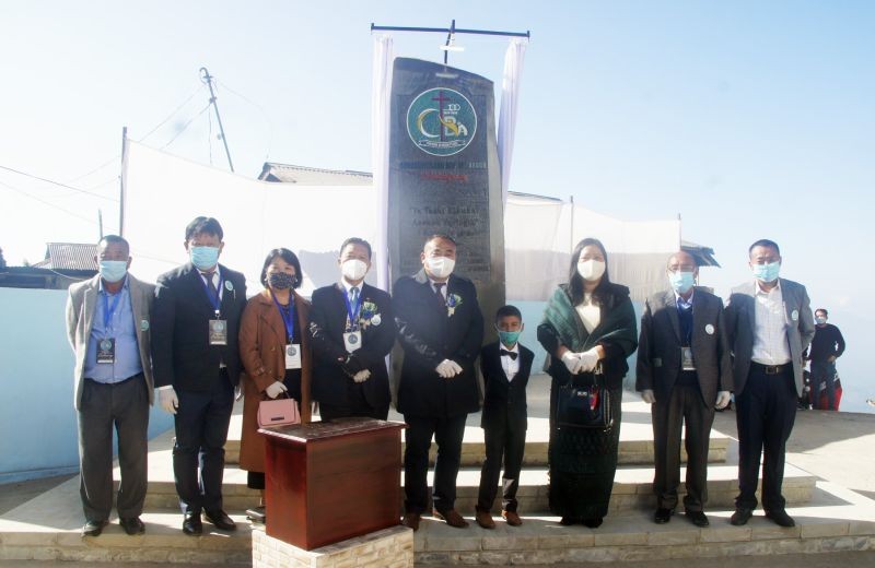 Jubilee monolith being unveiled by Rev Dr Mar Atsongchanger along with the church pastor and village council.
